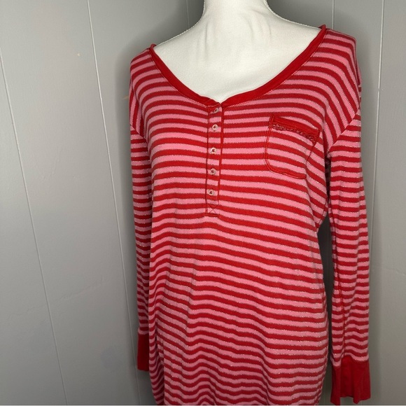 Victoria’s Secret Y2K Striped Thermal Henley Top XL Red Pink Sparkle - Picture 2 of 7